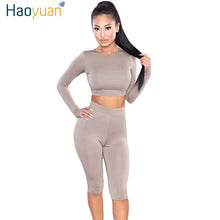 Load image into Gallery viewer, HAOYUAN 2 Piece Set Women Sexy Long Sleeve Top+Biker Shorts Track Suit Bodycon Tracksuit Casual Two Pieces Outfits Sweatsuit