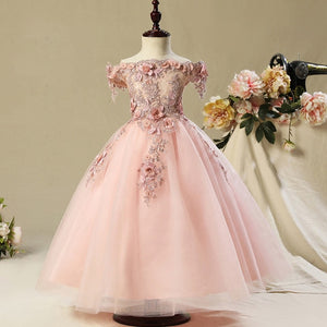 Flower Girl Bead Decoration Long Dress 2019 New Girl Wedding Party Exchange Dress Ball Beauty Sexy Shoulder Dress