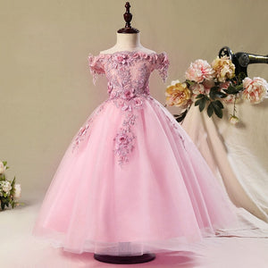 Flower Girl Bead Decoration Long Dress 2019 New Girl Wedding Party Exchange Dress Ball Beauty Sexy Shoulder Dress