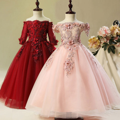 Flower Girl Bead Decoration Long Dress 2019 New Girl Wedding Party Exchange Dress Ball Beauty Sexy Shoulder Dress