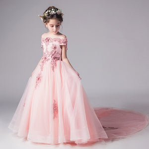 Flower Girl Bead Decoration Long Dress 2019 New Girl Wedding Party Exchange Dress Ball Beauty Sexy Shoulder Dress