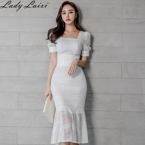 2019 Summer 2 Pieces Lace Mermaid skirt Suits Women Sexy Puff Sleeve Hollow Out short Crop Top + Fishtail Skirts Set