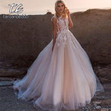 Load image into Gallery viewer, Scoop Illusion Lace Applique Wedding Dresses A Line Sleeveless Tulle Dress Sweep Train Bridal Gown with Back Buttons